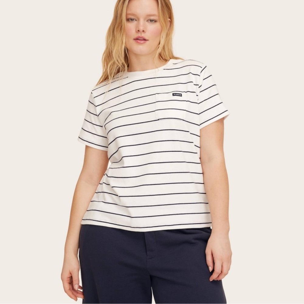 Women's White & Navy Striped Pocket Tee
